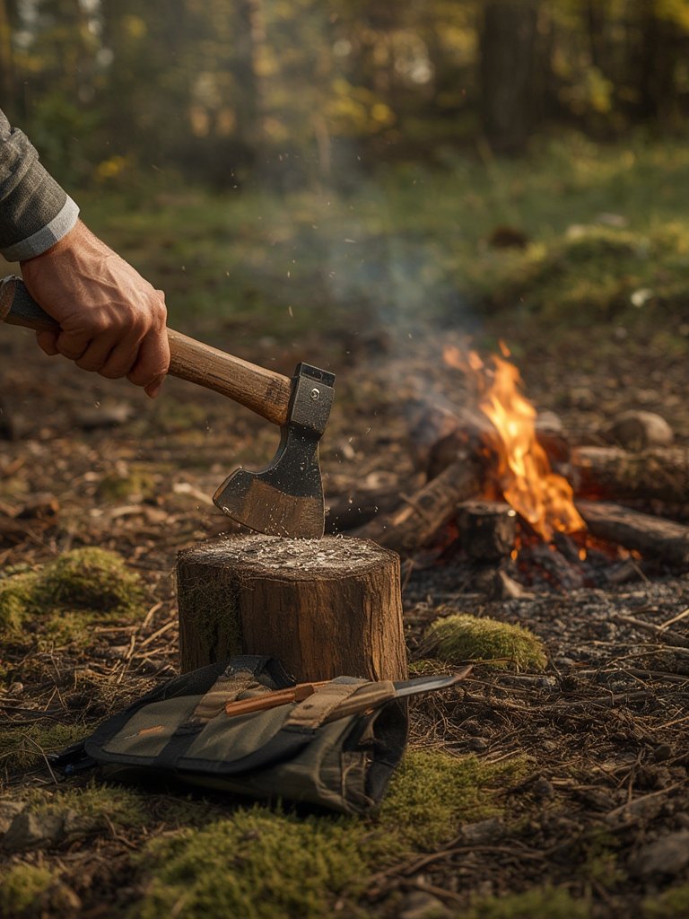 camping hatchet in action